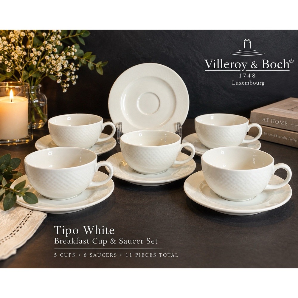 Villeroy & Boch Tipo White Breakfast Cups & Saucers Set 5 + Extra Saucer
